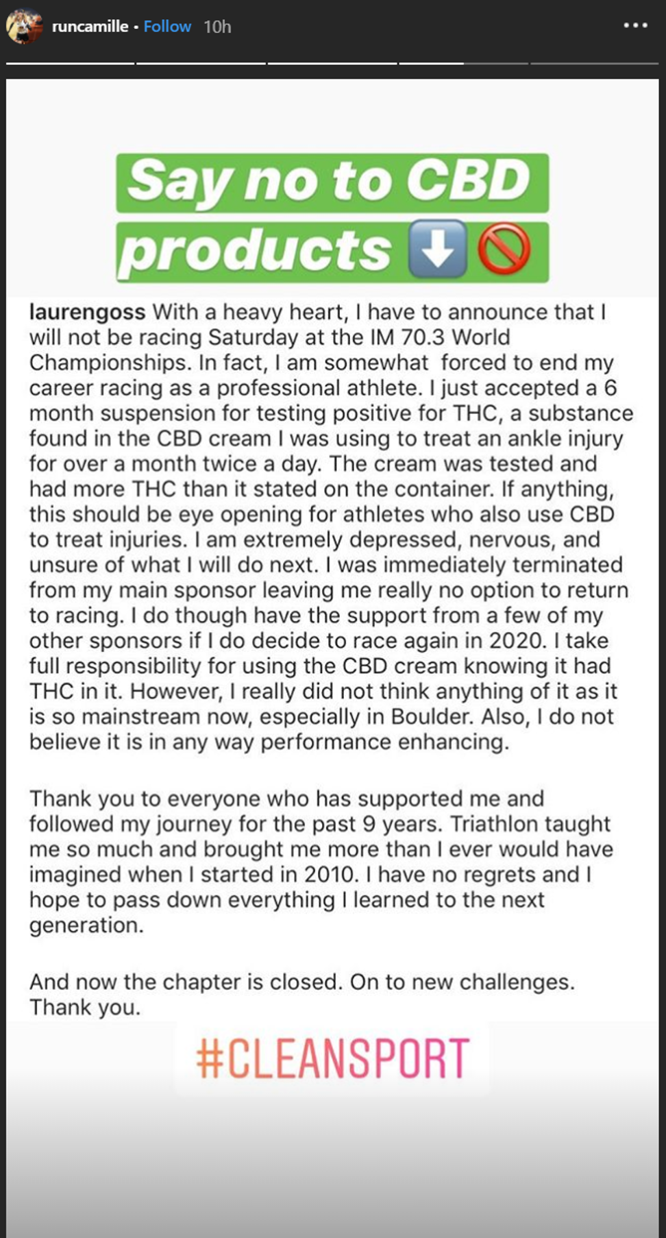 A post announcing Lauren Gross's ban from Ironman for THC, screenshot by Camille Herron. Photo: @runcamille